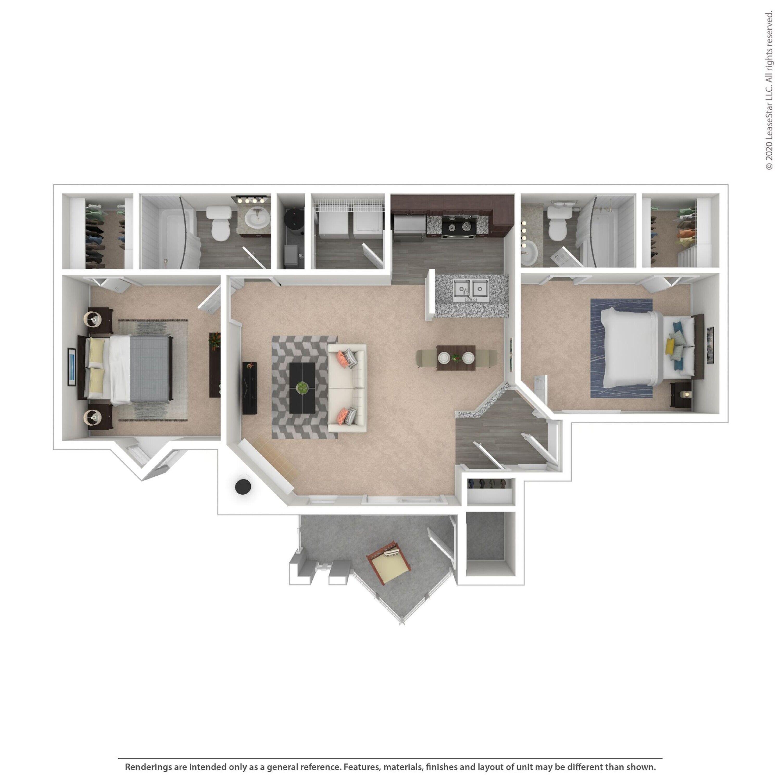 Floor plan for 2 beds, 2 baths, 1000 sqft